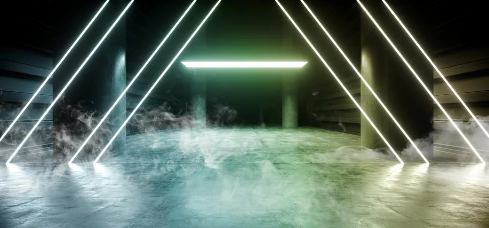 Triangle Sci Fi Smoke Neon Laser Spaceship Future Dark Corridor Glowing Green Illustrazione stock