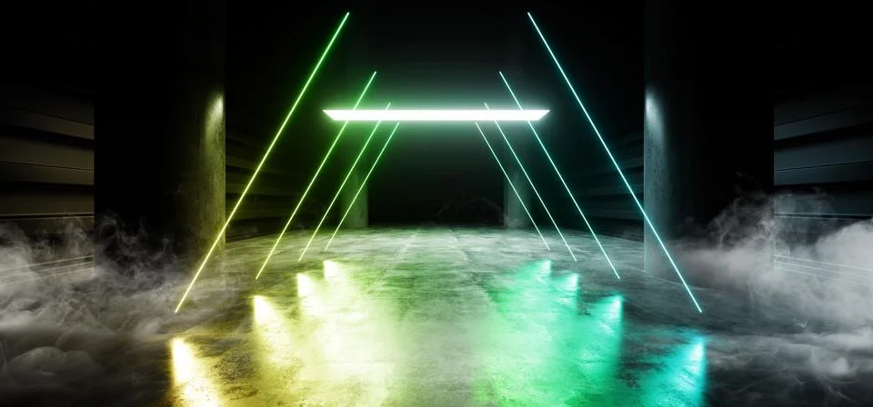 Triangle Sci Fi Smoke Neon Laser Spaceship Future Dark Corridor Glowing Green Illustrazione stock