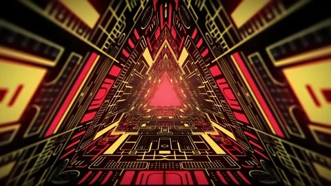 Triangle shape cyberpunk tunnel background with glowing circuit patterns Stock Footage 303033819
