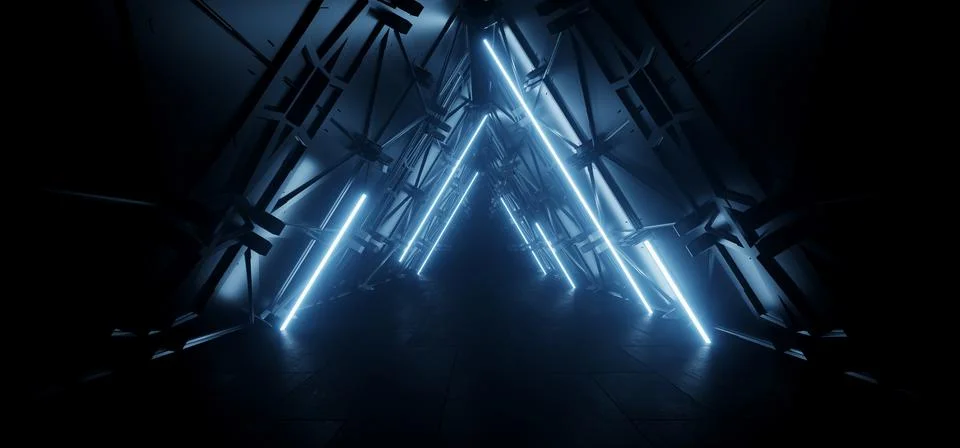 Triangle Shaped Alien Sci Fi Futuristic Cyber Metal Walls Dark Room Garage .. Stock Illustration