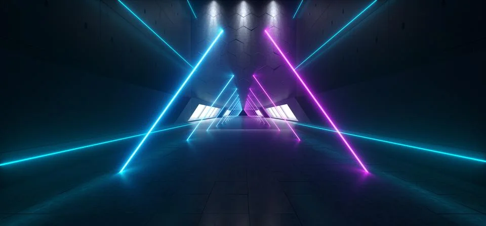 Triangle Shaped Neon Glowing Alien Metal Structure Studio Empty Space Dance C Illustrazione stock