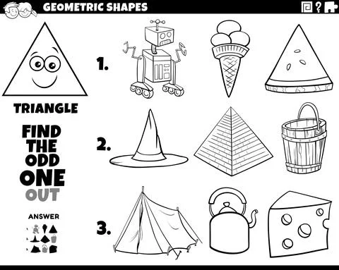 Triangle shaped objects educational task coloring book Stock Illustration