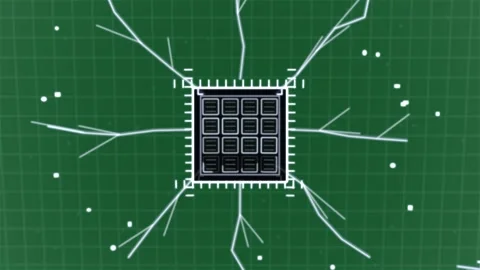 Triangle shifting into chip, chip growing traces, tiles pulsing, showing flow on Stock Footage 329503466
