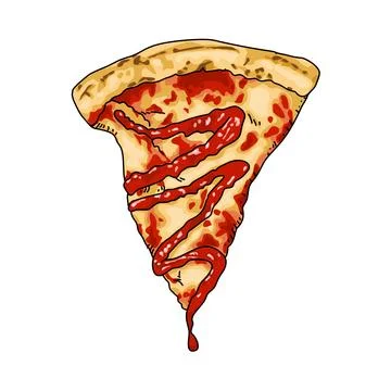 A triangle slice of pizza with cheese topping and red tomato sauce drop down. Fo Stock Illustration