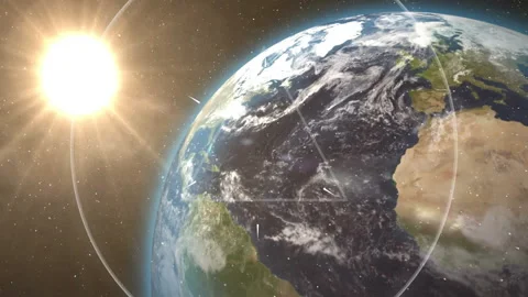 Triangle symbol and circular frame animation over Earth from space Stock Footage 304191510