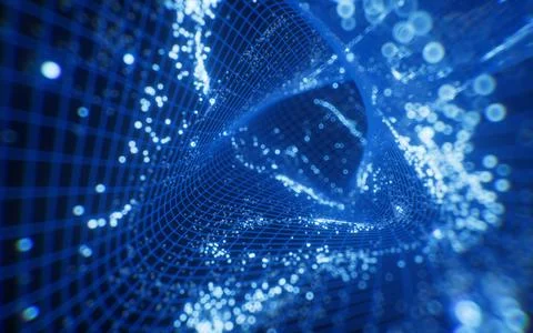 Triangle technology grid tunnel and flowing particles, 3d rendering. Stock Illustration