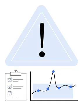 Triangle Warning Sign with Checklist and Graph Indicating Potential Risks Illustrazione stock