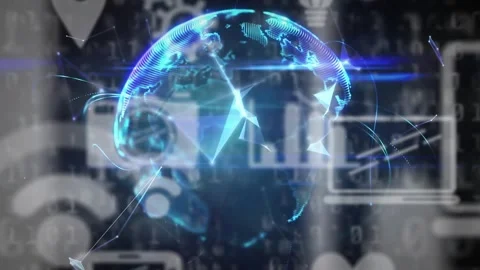 Triangles accelerating and linking into mesh, dotted globe forming, rotating, Stock Footage 328584687