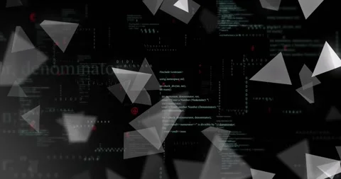 Triangles and coding text over black background with digital data Stock Footage 327450677