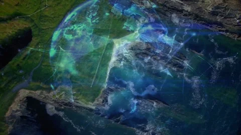 Triangles appearing above cliffs headland and ocean forming rotating wireframe Stock Footage 329453807