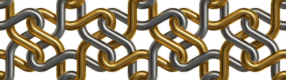 Triangles. Chain. Seamless 3D pattern. Infinity gold and silver. Stock Illustration