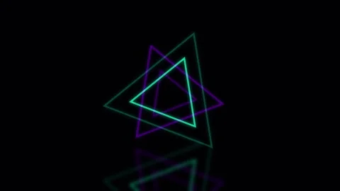 Triangles rotating in neon glow with reflection on black background during .. Stock Footage 342513722