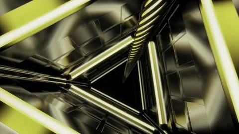 Triangular 3d tunnel with metal walls. Design. Rotating 3d tunnel with rope in Illustrazione stock