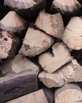 Triangular and rectangular sections of pine and oak logs for a fire 스톡 사진