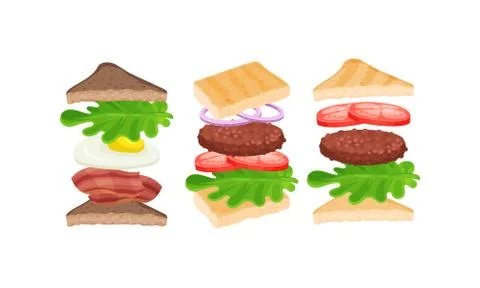 Triangular and Square Sandwiches with Floating Layer Ingredients as Fast Food Stock Illustration