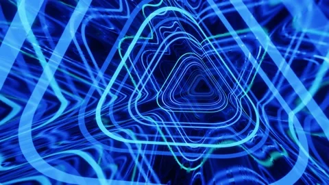 Triangular blue tunnel. Fly through mirror tunnel with neon pattern, glow lines Stock Footage 176007394