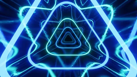 Triangular blue tunnel. Fly through mirror tunnel with neon pattern, glow lines Stock Footage 280462763