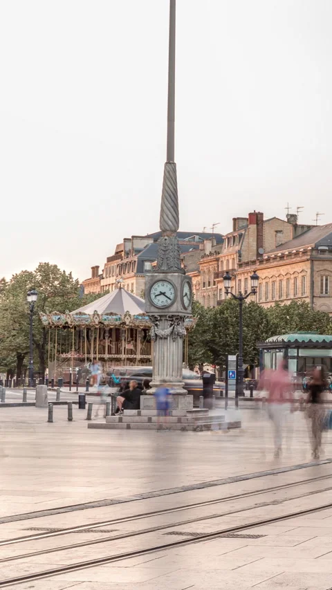 Triangular building and modern tram at Place de la Comedie timelapse, Bordeaux Stock Footage 316796545