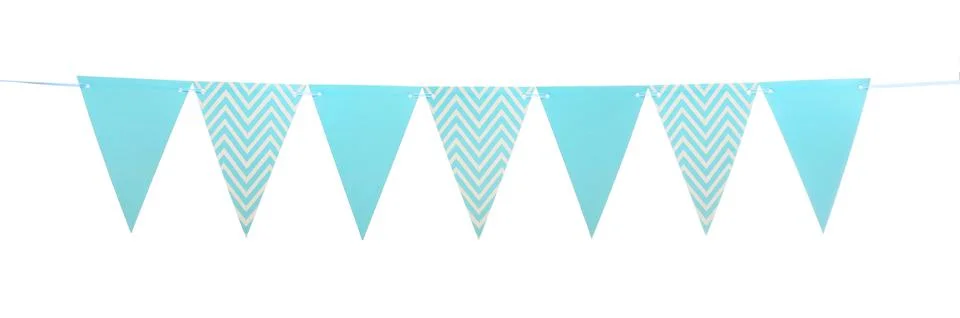 Triangular bunting flags on white background. Festive decor Stockfoto's