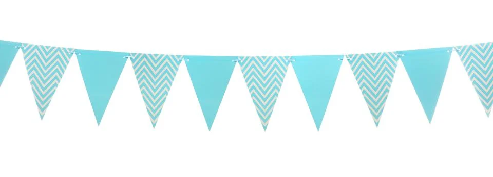 Triangular bunting flags on white background. Festive decor 写真素材