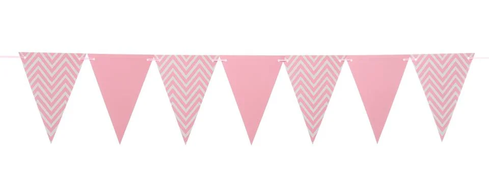 Triangular bunting flags on white background. Festive decor 스톡 사진