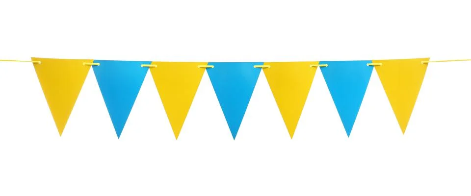 Triangular bunting flags on white background. Festive decor Stock Photos