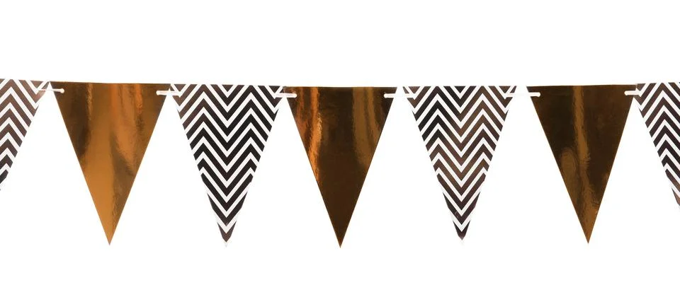 Triangular bunting flags on white background. Festive decor Foto stock