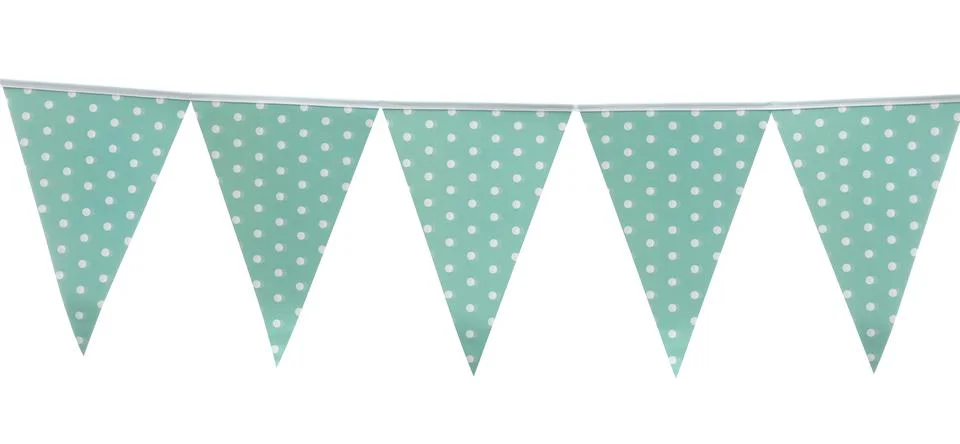 Triangular bunting flags on white background. Festive decor 스톡 사진