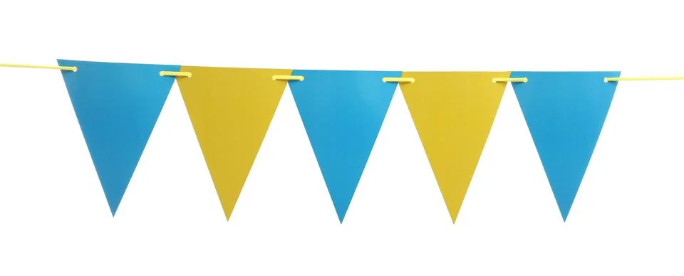 Triangular bunting flags on white background. Festive decor Stock Photos