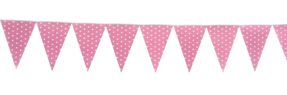 Triangular bunting flags on white background. Festive decor 스톡 사진