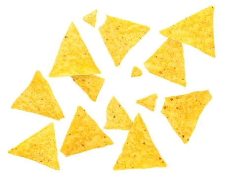 Triangular chips on a white background are flying. Isolated 스톡 사진