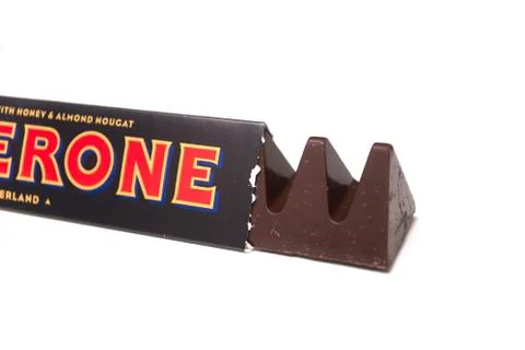 Triangular chocolate bar by Toblerone compagny 스톡 사진