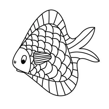 Triangular fish coloring book, scales tail fins, black and white hand drawn d Stock Illustration
