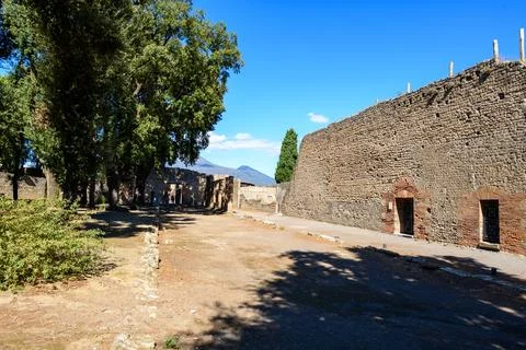 Triangular Forum stone wall and trees, Pompeii Fotos Stock