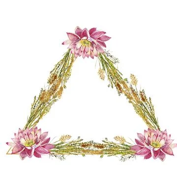 A triangular frame with flowers of water lilies and wild forest grasses Stock Illustration