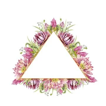 A triangular frame with flowers of water lilies and wild forest grasses Stock Illustration