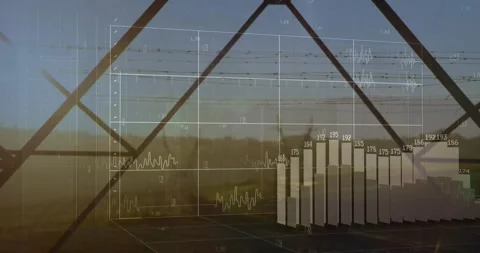 Triangular frame with HUD fading in, waves appearing, 3D bars growing, showing Stock Footage 322221192