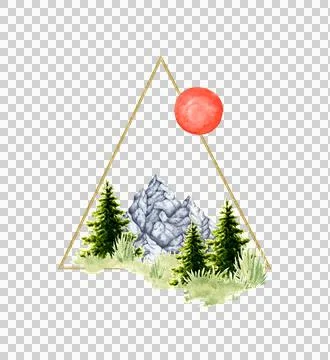 Triangular frame of mountains spruce grass in watercolor Stock Illustration