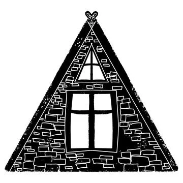 Triangular house. Graphics, linocut, texture. Vector black design element. 스톡 일러스트