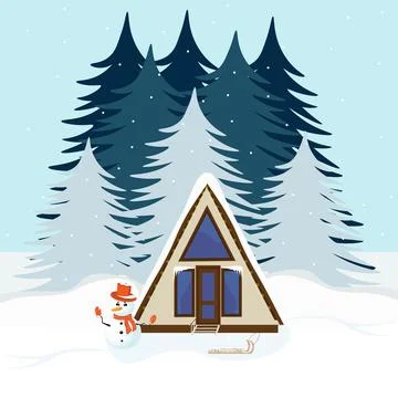 A triangular house with a snowman in a snow-covered Christmas forest. Ecotourism Illustrazione stock