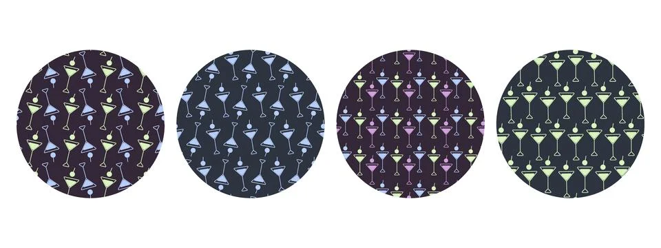 Triangular Martini glasses with cherry Seamless Pattern on Circle Background Stock Illustration