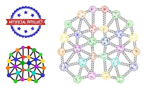 Triangular Mesh Artificial Brain Icon and Distress Bicolor Artificial Intellect Stock Illustration