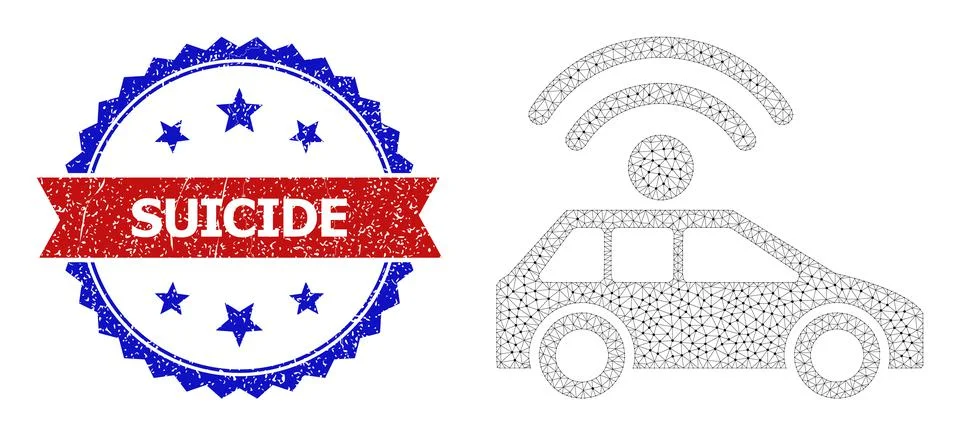Triangular Mesh Automatic Car Icon and Grunge Bicolor Suicide Stamp Stock Illustration