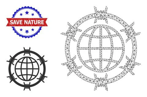 Triangular Mesh Barbed Wire Globe Icon and Textured Bicolor Save Nature Stamp Illustrazione stock