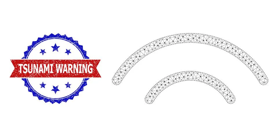 Triangular Mesh Broadcasting Icon and Unclean Bicolor Tsunami Warning Stamp 스톡 일러스트