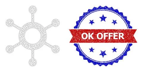 Triangular Mesh Central Connection Icon and Grunge Bicolor OK Offer Seal Illustrazione stock