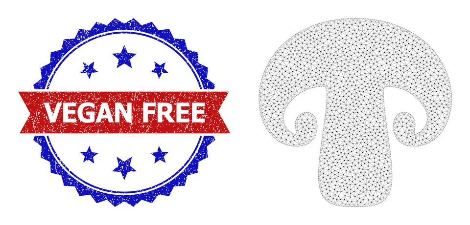 Triangular Mesh Champignon Icon and Scratched Bicolor Vegan Free Stamp Seal Stock Illustration