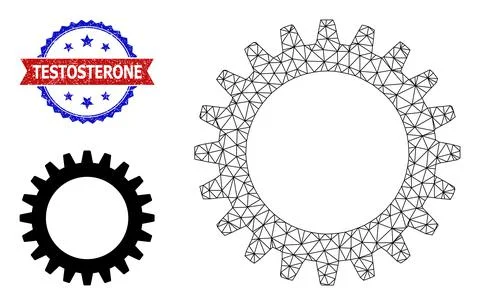 Triangular Mesh Cogwheel Icon and Distress Bicolor Testosterone Seal Stock Illustration