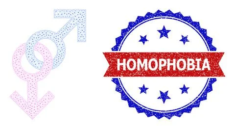 Triangular Mesh Gay Pair Sign Icon and Distress Bicolor Homophobia Seal Stock Illustration