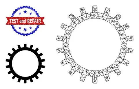 Triangular Mesh Gear Icon and Scratched Bicolor Test and Repair Seal Illustrazione stock